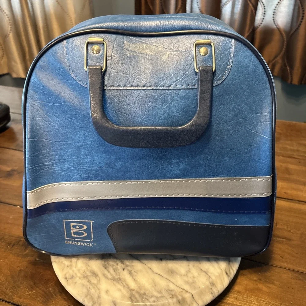 VTG 70s Blue Black Vinyl Brunswick Bowling Ball Bag Rack & Working Zippers